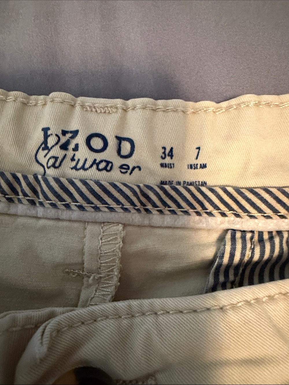 Izod Men's Flat Front Shorts in Cream with Blue Stripe Detail